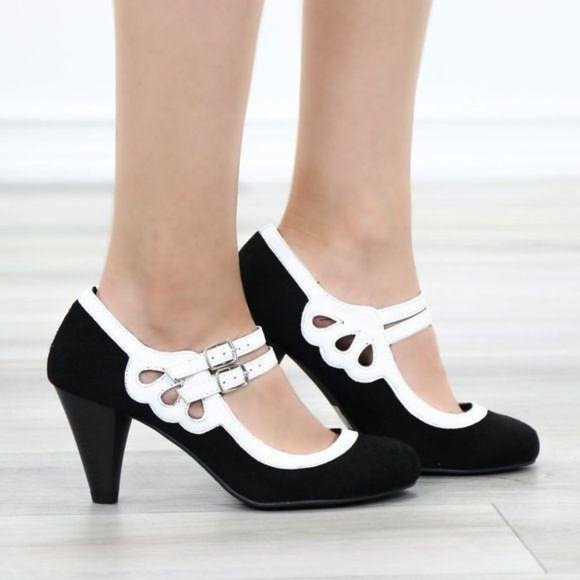 Shoes - Suede Double Buckle Rockabilly Retro Low Heel Pump